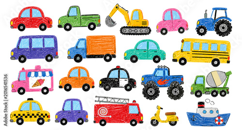 Photos Crayon drawn naive funky kids cars collection with colorful cartoon vehicles, ch