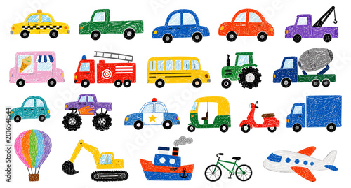 Εκτύπωση καμβά Naive crayon cartoon transport collection with funky colorful kid vehicles, chil
