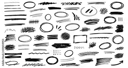 Fotografie Charcoal strikethrough underline scribble lines and rough oval marker circles collection