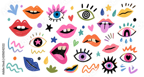 Foto Psychedelic woman lips and surreal eyes doodle vector illustration
