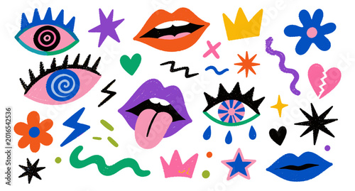 Tableau sur toile Groovy psychedelic lips and funky eyes hand drawn vector illustration