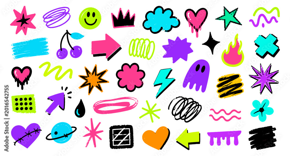 Fototapeta premium Funky neon doodle sticker collection with cyberpunk scrapbook elements, hand drawn y2k notebook labels, colorful crayon scribbles, futuristic patch badges and vector illustration