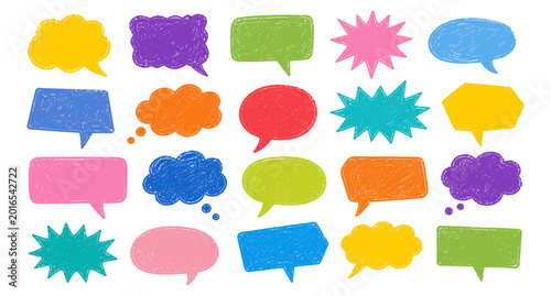 Quadro su tela Colorful comic speech bubble doodle collection with crayon drawn talk balloons,