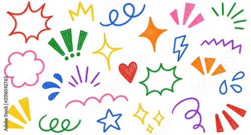Fotografie Colorful crayon doodle attention symbols and sparkle burst elements