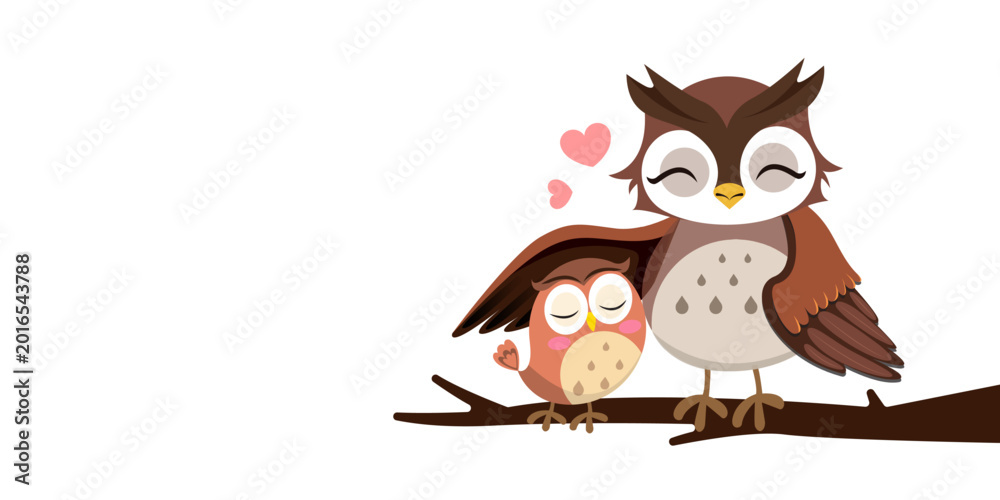Fototapeta premium Adorable owl parent and baby sitting on tree branch with heart symbols, cute cartoon bird family vector illustration isolated on white