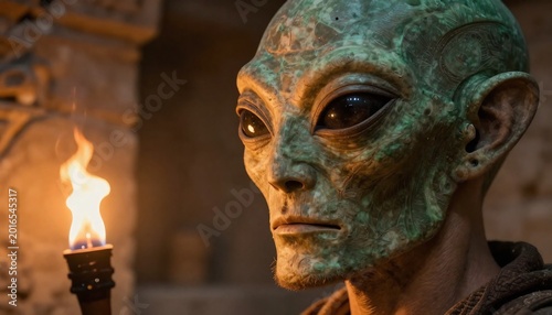 Close-up of an alien figure illuminated by a burning torch in an ancient setting with a mysterious atmosphere.