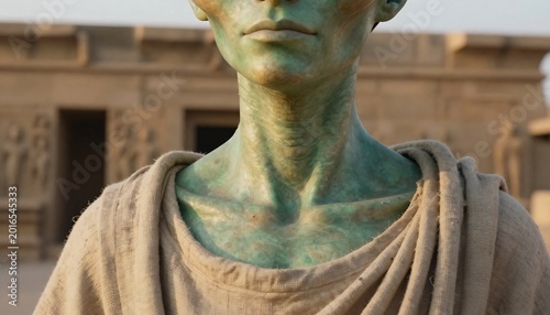 Side view of a green alien figure wearing a robe, standing before an ancient architectural structure in a surreal setting.
