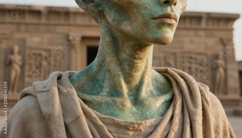 Side view of a green alien figure wearing a robe, standing before an ancient architectural structure in a surreal setting.