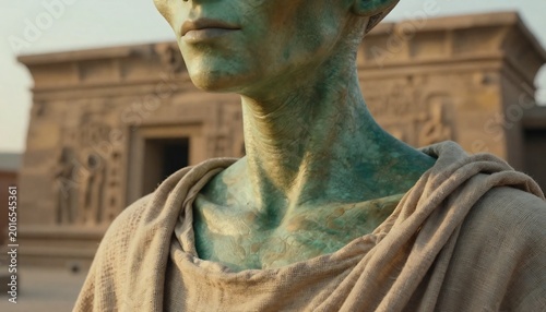 Side view of a green alien figure wearing a robe, standing before an ancient architectural structure in a surreal setting.