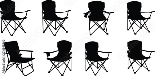Tableau sur toile Eight black silhouettes of folding camping chairs on white background