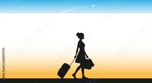 Bild auf Leinwand Silhouette of a woman with luggage and shopping bags walking towards an airplane
