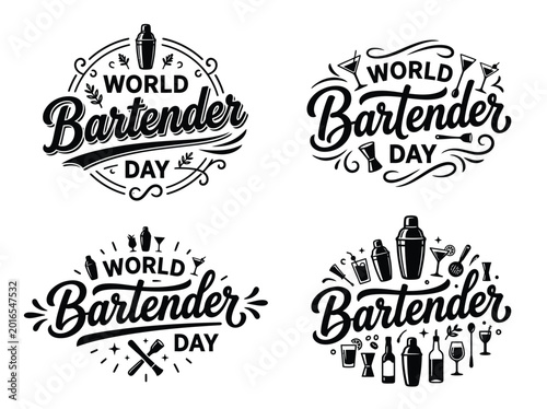 World bartender day logos and icons with cocktail glasses and shakers