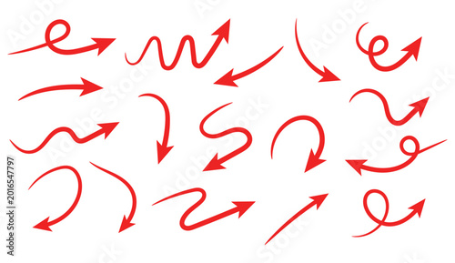 Set of hand drawn red arrows with various curved and wavy shapes isolated on transparent background