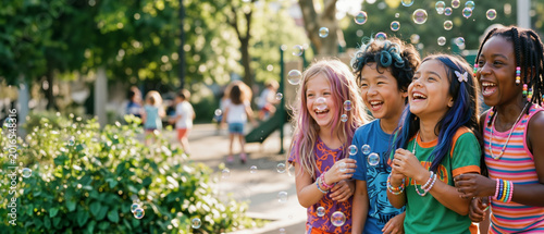 Four diverse children laughing and playing with soap bubbles in a park. Happy multi-ethnic kids enjoying summer outdoors. Wide banner with copy space for text