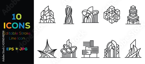 Bilde på lerret Modern minimalist building architecture icons set of ten
