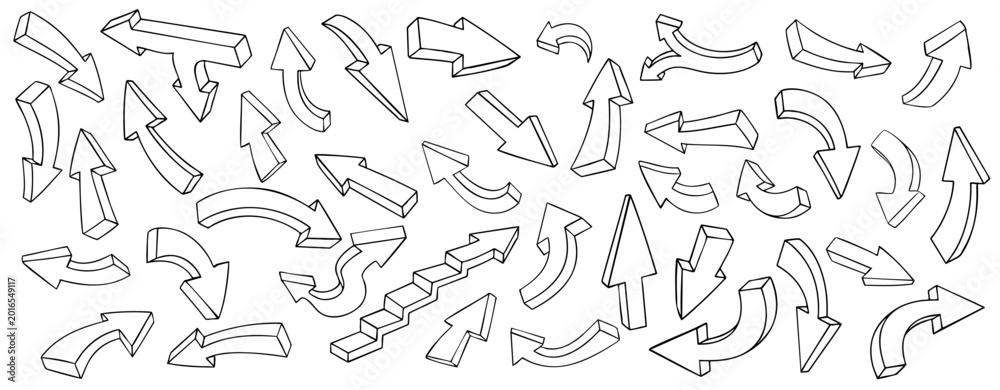 Fototapeta premium Hand Drawn 3D Isometric Arrows Collection - Black Outline Directional Pointers on White Background