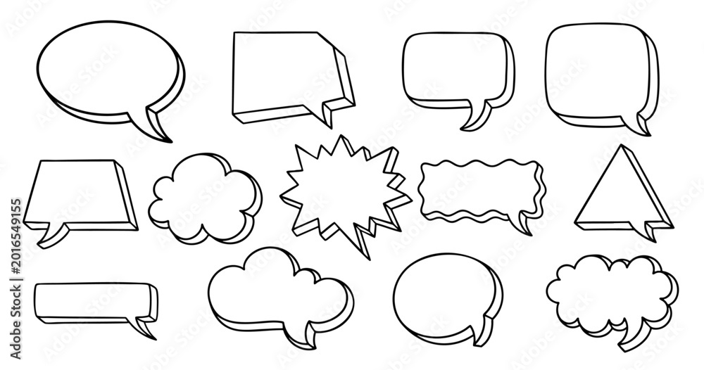 Fototapeta premium Hand Drawn 3D Outline Speech Bubbles Collection - Sketchy Text Boxes, Thought Clouds and Comic Shapes on White Background