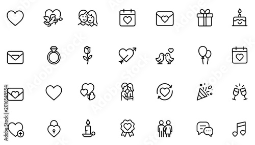 Quadro su tela Valentines icon set with romantic heart, cupid, couple, passion, valentine, dating, love, wedding, affection, celebration, gift, hug, ring, flower, balloon, party, and more