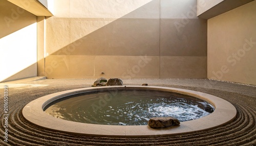 Minimalist circular pool bathed in sunlight within a serene spa setting