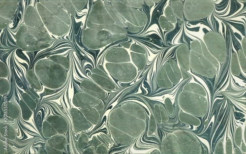 Canvas Print Elegant Turkish Ebru marbling art with large organic forms in deep sage green and cream tones