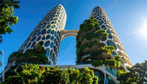 Modern architectural marvel with connected towers and lush greenery under sunlight