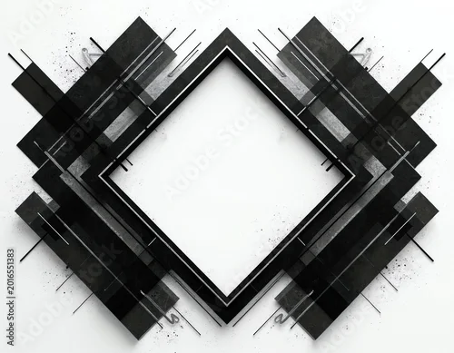 Panel kuchenny z motywem Abstract black and white geometric frame with sharp lines and shapes. Minimalist design features overlapping planes and scattered dots. Offers clean graphic element for modern projects.