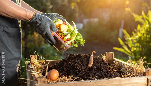 Person composting food scraps outdoors in a wooden bin with sunlight