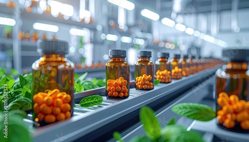 Pharmaceutical production line featuring bottles of pills with vibrant green plants
