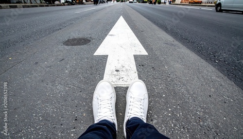 Person standing over arrow symbol on pavement direction concept