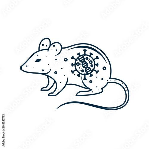 Hantaan virus mouse host vector. Minimalist line art illustration of a rat with a virus and DNA icon. Scientific concept for disease transmission, microbiology, and healthcare education.