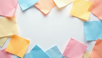Scattered pastel colored square paper notes on white background. Pink, blue, yellow, and orange adhesive sheets form a border frame. Blank notes for writing.