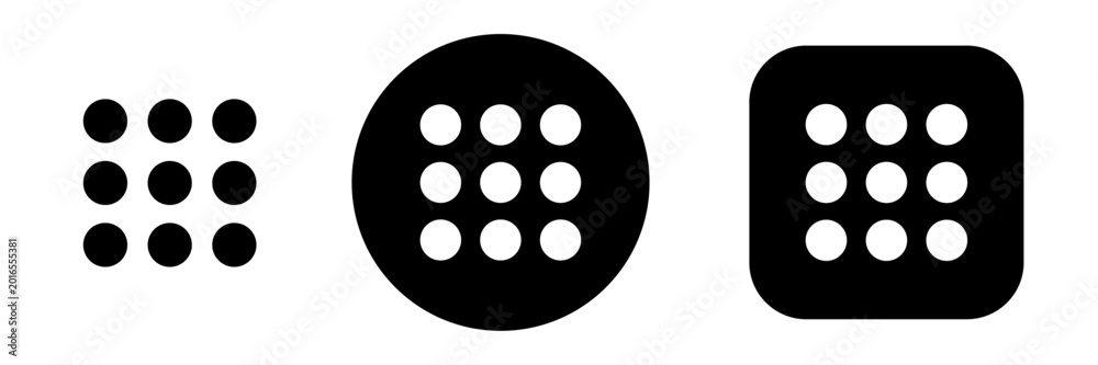 Obraz premium Grid menu icon set with nine dot navigation symbols. App launcher button icons for web interface, dashboard UI, software menus, mobile navigation and digital systems