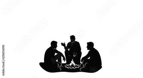 Three men around campfire black silhouette high quality