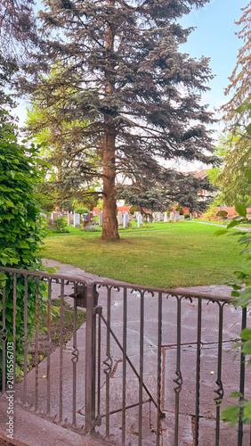 Rustic wooden cemetery entrance gate during quiet seasonal landscape period, traditional handcrafted fence architecture surrounded by natural greenery representing peaceful access, heritage