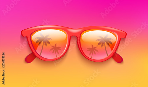 Sunglasses with tropical palms in lens reflection, retro style. Gradient background with summer glasses. Hot season symbol. Design for fashion, web, flyers, posters, advertise. Vector illustration.