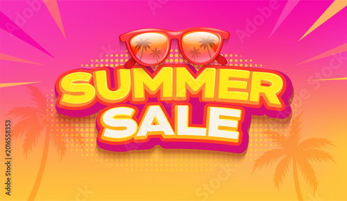 Bright Summer Sale banner with sunglasses and palms in retro style. Gradient background with discount offer. Hot season promotion. Design for web, flyers, posters, advertise. Vector illustration