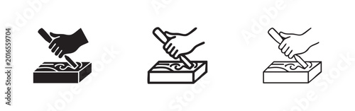 Canvas-taulu Woodworking hand using chisel for carving wood icon set