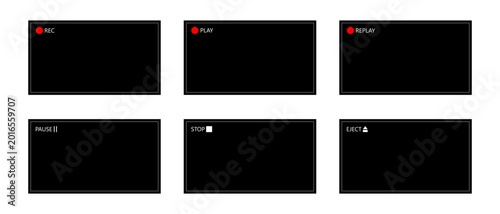 Video player and recording status interface icons for camera overlay and movie production, vector illustration