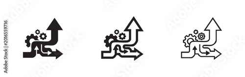 Complex business strategy process with gears and arrows icon set