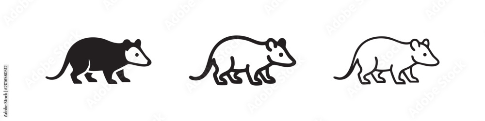 Obraz premium Opossum icons set. Marsupial animal symbol in solid, outline, and linear style.