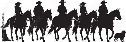 Flat vector illustration of cowboy riders on horses, western ranch scene with dogs, vintage silhouette style, classic wild west concept