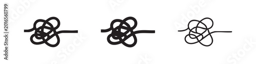 Photos Tangled knot icon set representing complexity or problem in solid, outline, and hand-drawn styles
