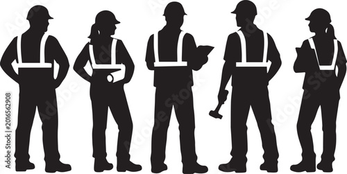 Foto Silhouette of five construction workers in safety vests isolated on transparent