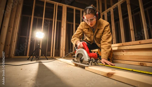 Obraz Skilled female carpenter in safety gear using electric circular saw to cut wooden planks on construction site of new residential house building professional joinery and wood work concept