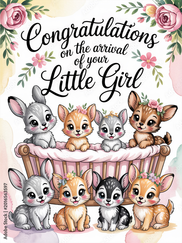 Obraz premium New Baby Girl Congratulations Card with Forest Animals