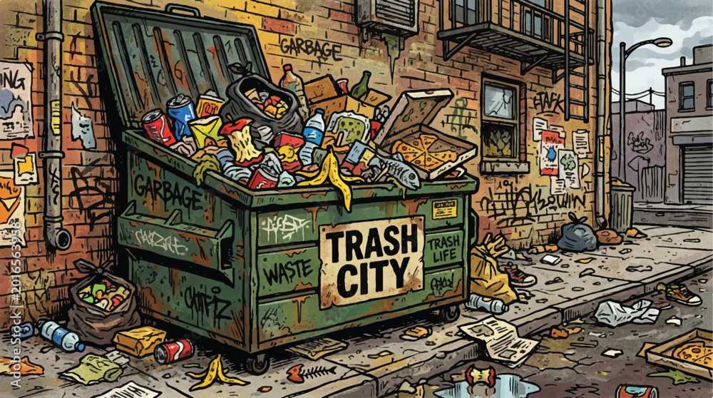 Fototapeta premium Overflowing dumpster in a polluted alley shown as a cartoon illustration of urban neglect and grime.