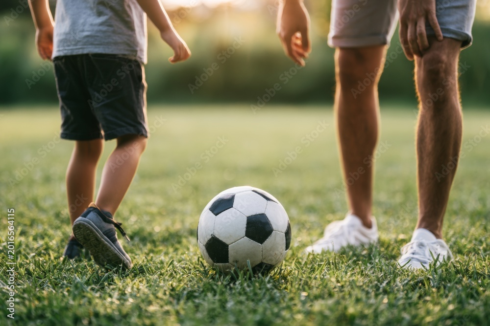 Fototapeta premium Father and Child Play Soccer on Grass During a Sunny Afternoon in a Park