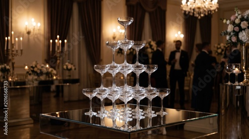Glistening champagne coupe tower on mirrored table. Opulent venue, chandeliers, formal guests, symbolizing celebration, luxury, success.