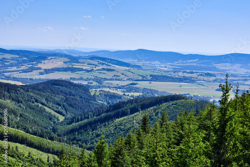 Canvas-taulu Panoramic mountain landscape with forested valley and blue sky; Dolni Morava, Su