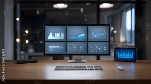 A sophisticated desk setup featuring a multi screen display showing complex data visualizations and business analytics dashboards